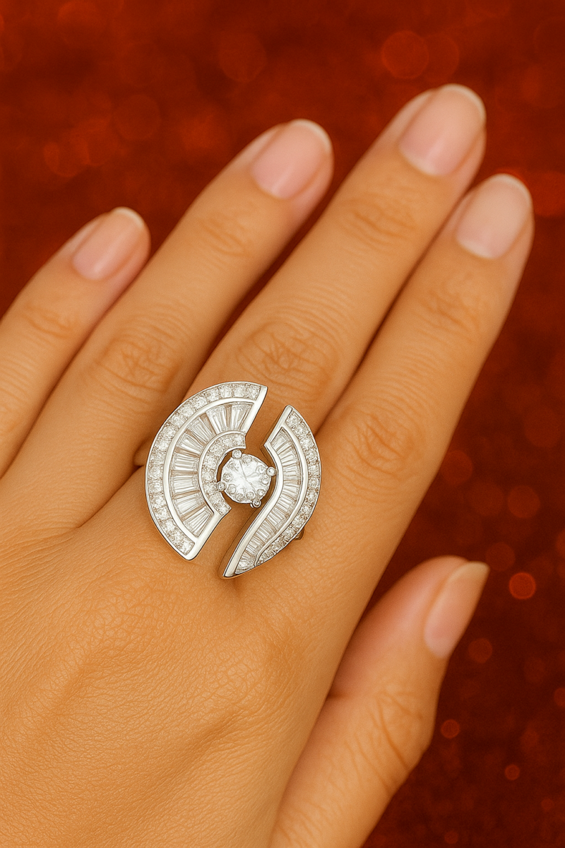 “Modern Women’s Silver-Plated Ring with Round Crystal & Baguette Stone Design”