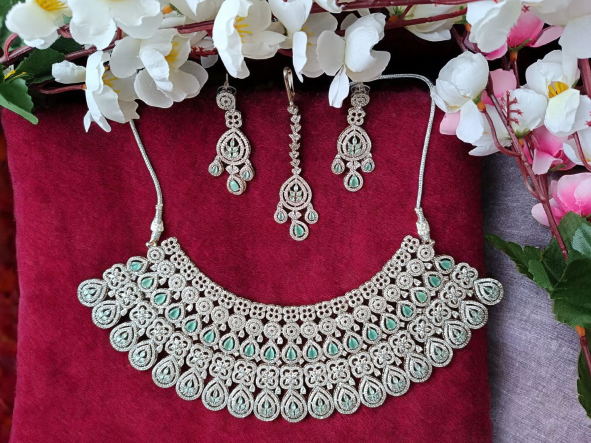 ELLNORA’S American Diamond and Emerald Necklace Set with Maang Tikka for Women