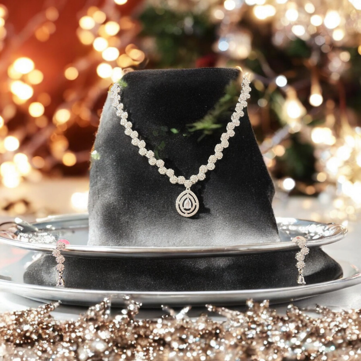 ELLNORA’S Gold Plated American Diamond Necklace Set with Earrings for Girls & Women